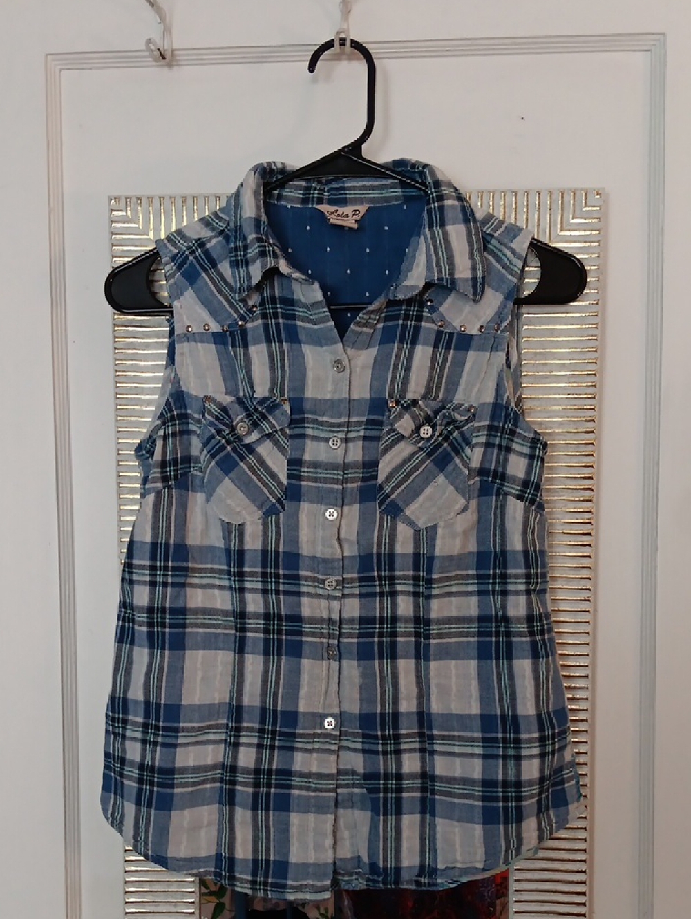 Lola P. Blue Cotton Mixed Patterned Button-Front Sleeveless Top